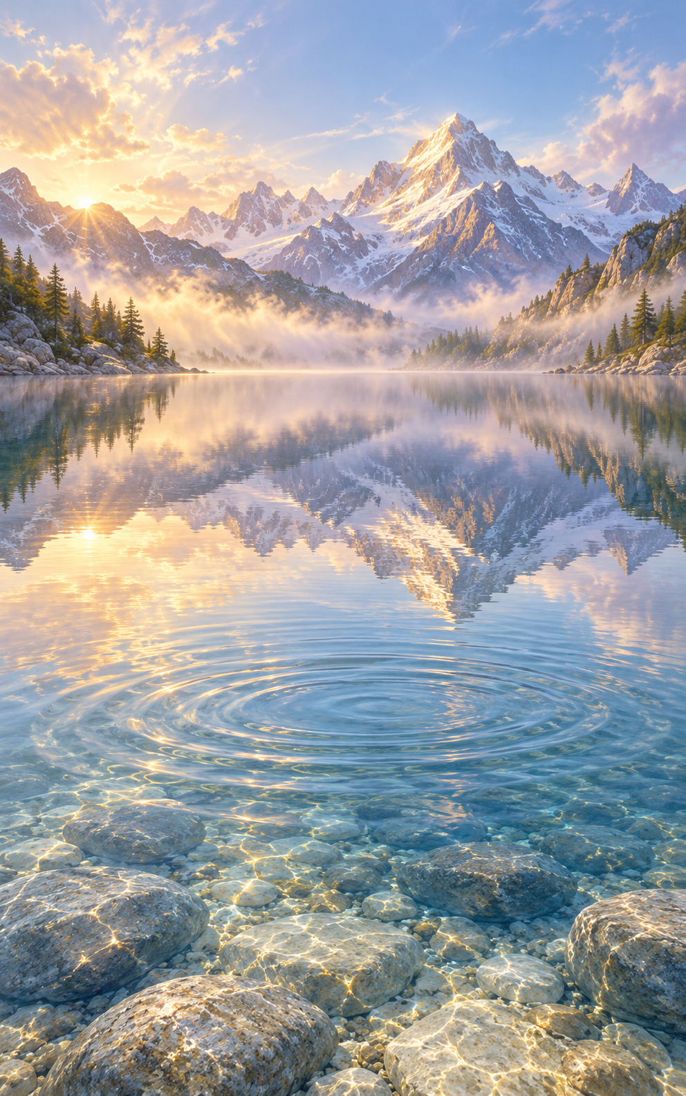 A still mountain lake almost aligns the reflection of the peaks above it.