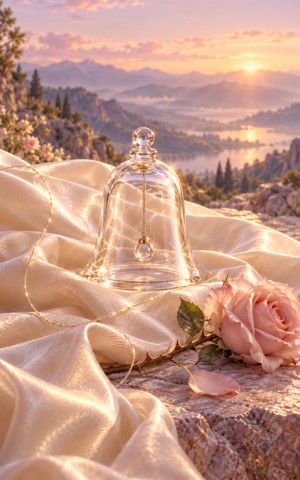 A glass bell, rose and soft fabric in the Tender Truth illustration.