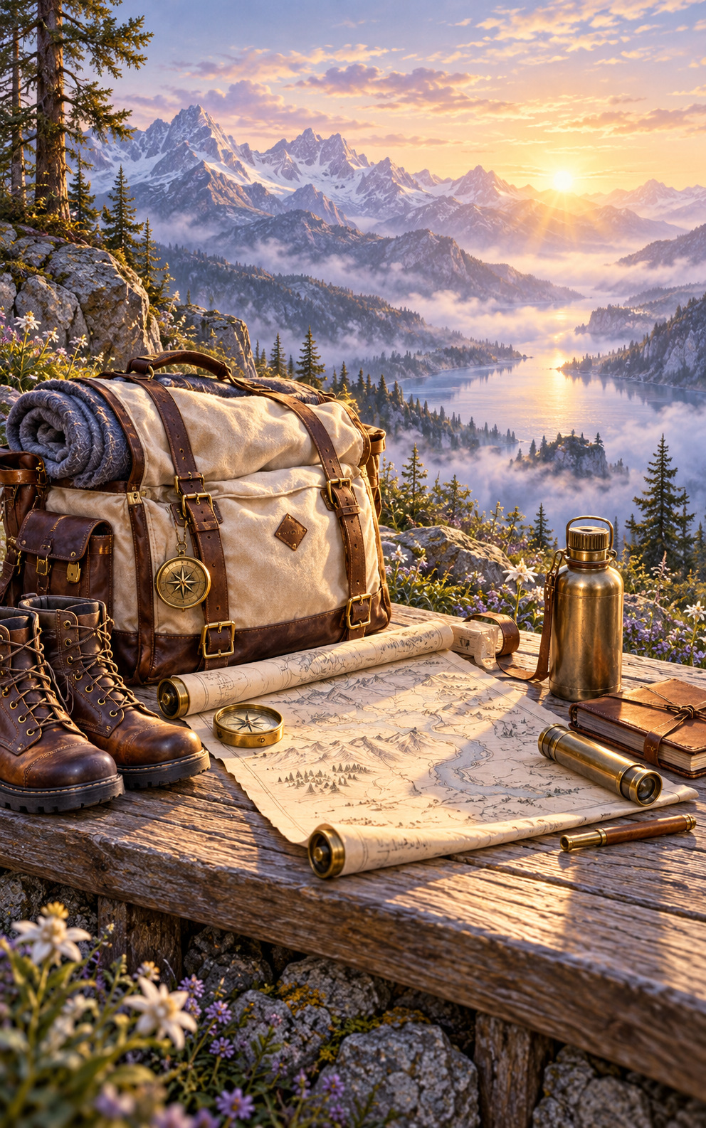 A packed bag, boots, map, water and tools are prepared together in the first light.