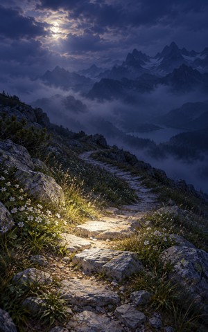 Natural moonlight reveals only the nearest section of a path; no lantern is present.