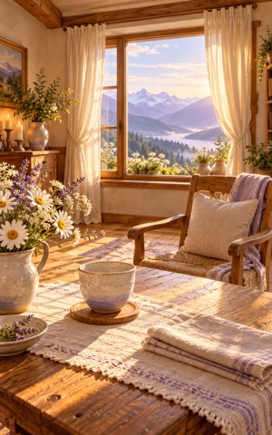 From inside a warm receiving room, a prepared table, empty chair and open curtains invite arrival.