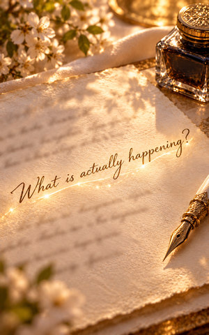 The handwritten question “What is actually happening?” becomes clear on ivory parchment, with light following the line beside a gold pen and ink bottle.