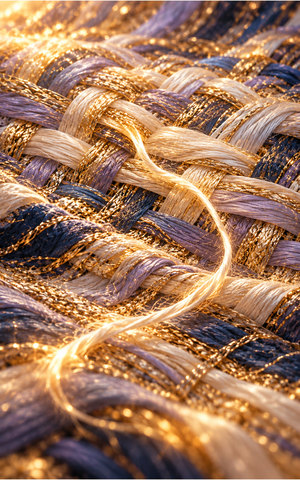 A single white-gold strand emerges from an intact field of interwoven ivory, lavender, gold and midnight-blue threads.