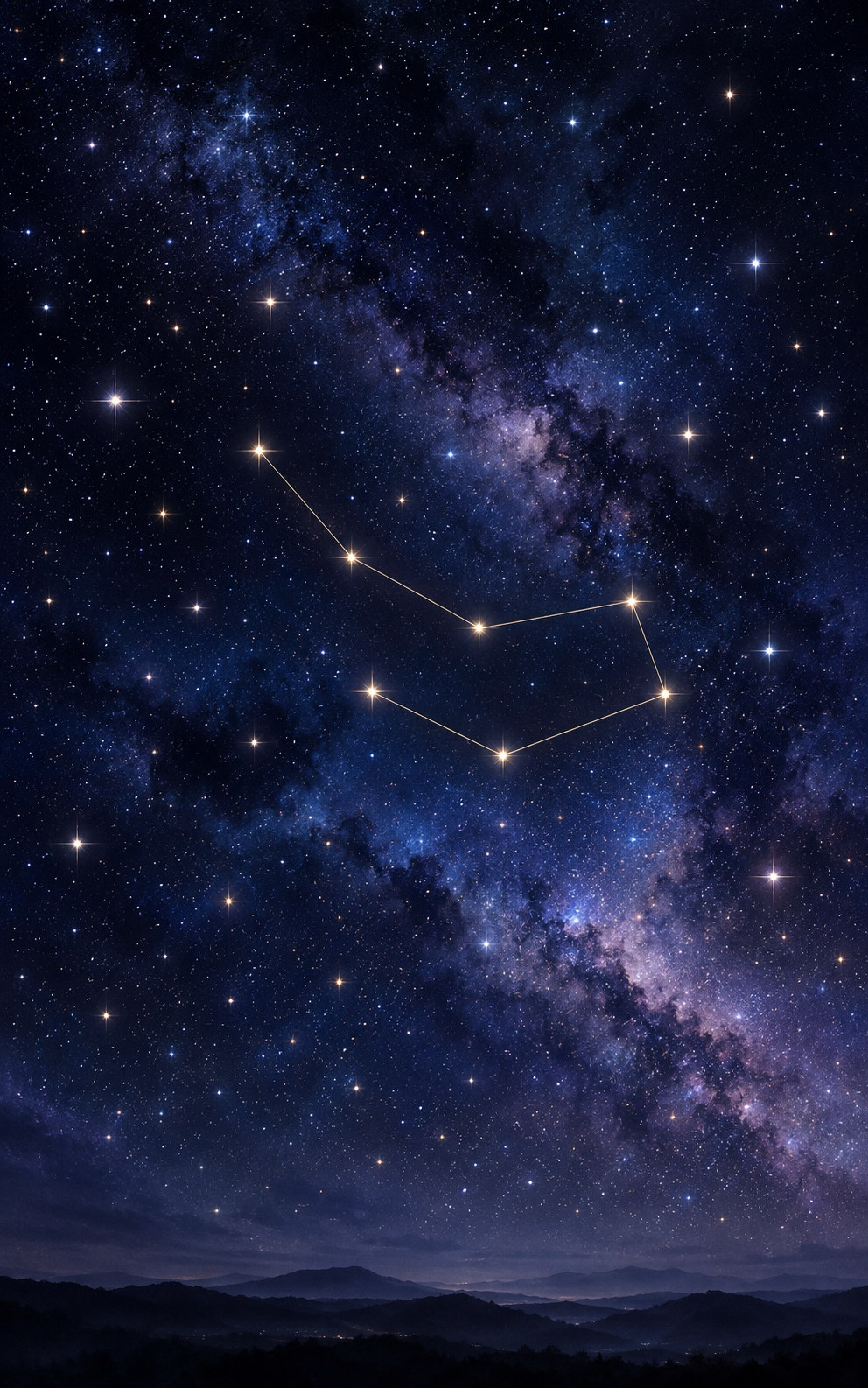 Fine gold lines connect a small constellation in a broad indigo night sky, while many other bright stars remain deliberately unconnected.