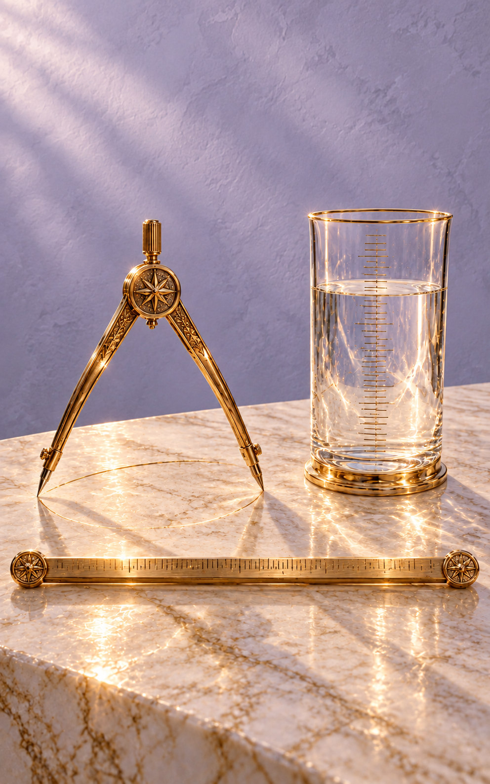 A level brass measuring bar, open drawing compass and graduated glass vessel rest on ivory stone in soft light against a lavender interior wall.