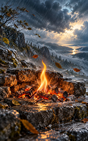 A small upright flame burns steadily among embers on wet stone as rain, blowing leaves and changing clouds pass around it.