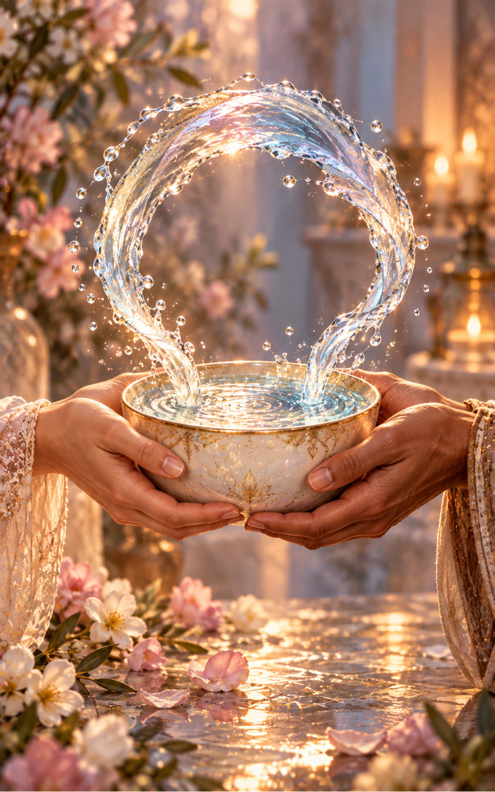 Two different hands support one shared ivory cup as a luminous circular stream of water rises from and returns to it.