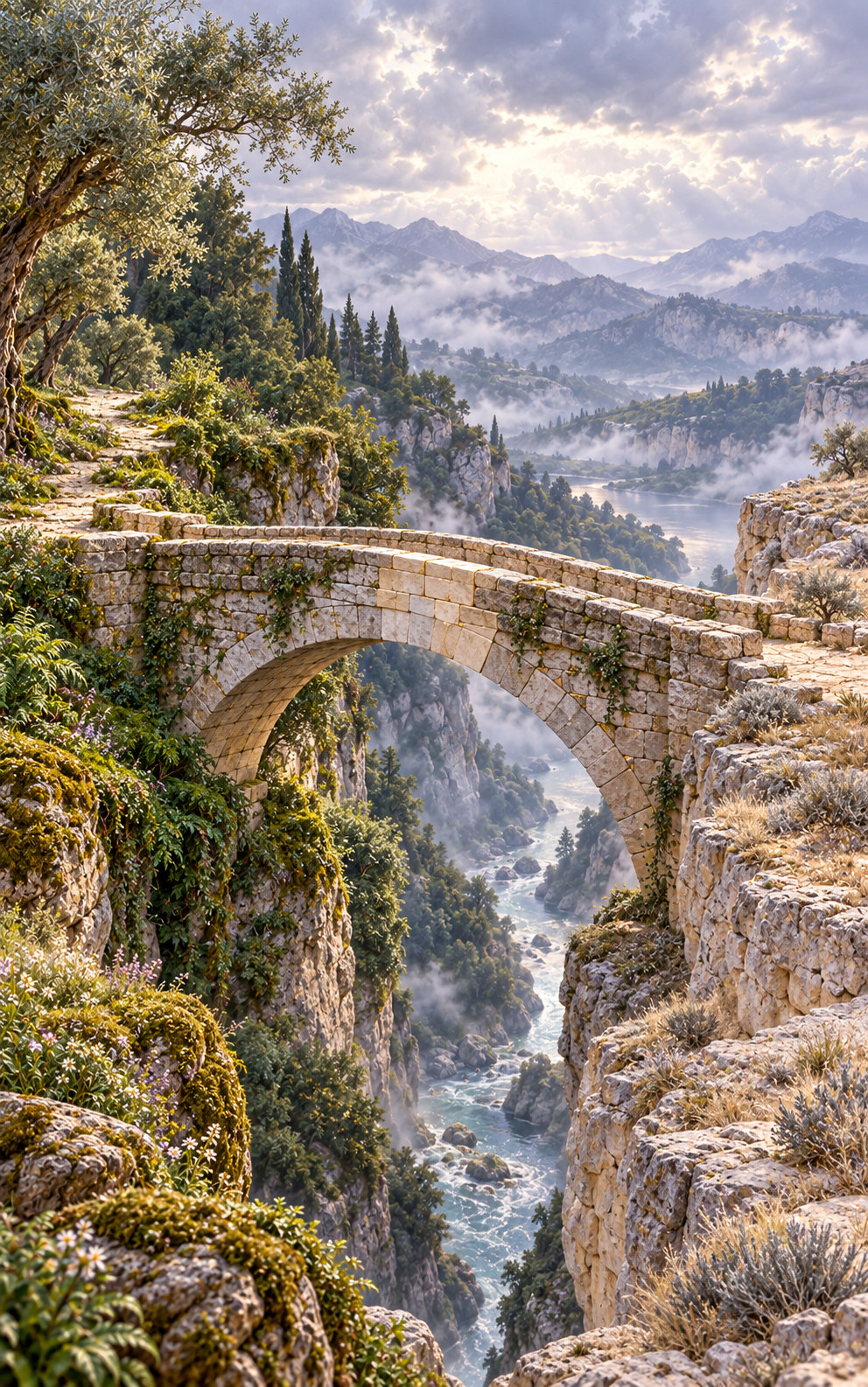 A strong stone bridge with visible repaired sections spans a deep gap between a green wooded bank and a pale rocky landscape.