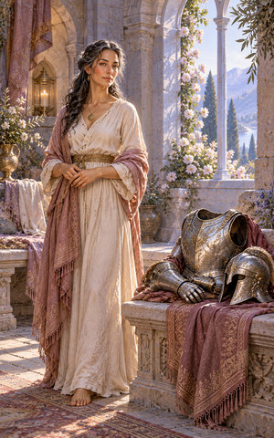 A self-possessed figure stands peacefully beside ceremonial armor deliberately set aside in a luminous sheltered chamber.