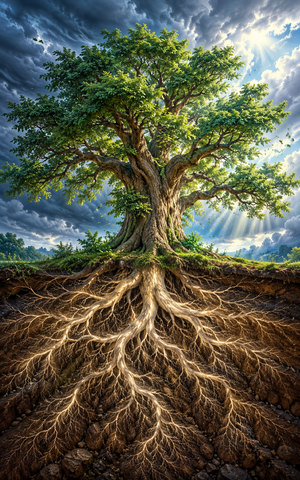A living leafy tree moves beneath changing storm clouds while a luminous branching root network remains visible deep in the earth below.