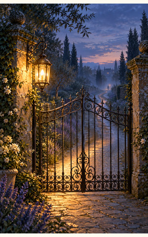 A brass lantern lights an unlocked garden gate and its approach at blue dusk; an indistinct arrival remains far down the path.