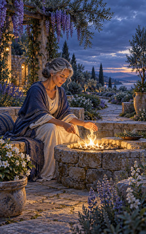A calm mature woman tends a small luminous flame inside a low stone hearth in a spacious blue-hour garden.