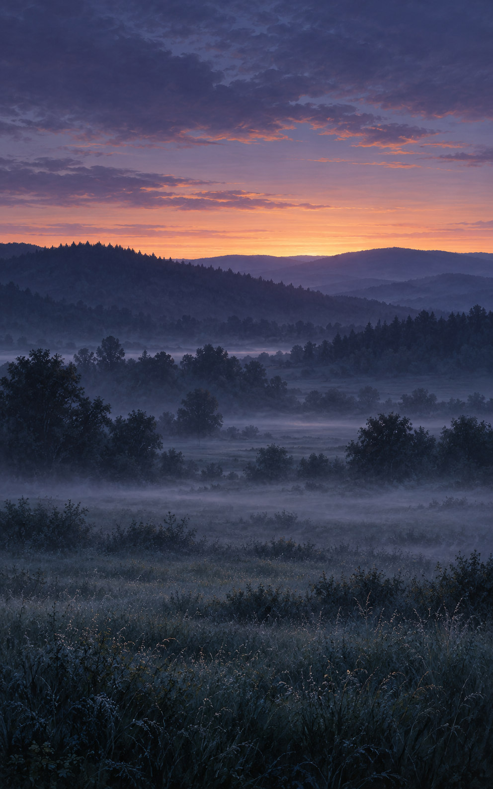 A narrow band of first morning light appears above wooded hills while the meadow and drifting mist remain in blue-violet shadow.