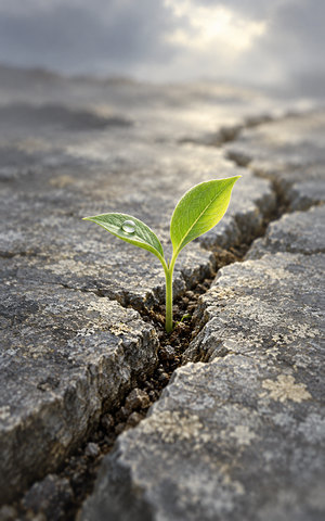 One vivid green seedling with two young leaves and a drop of dew emerges from dark earth in a narrow crack through quiet gray stone.