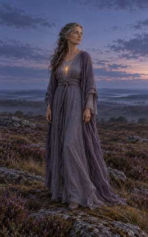 A quiet silver-haired woman stands on a dim heather moor at dusk, with a small warm point of light beneath her lavender garment.