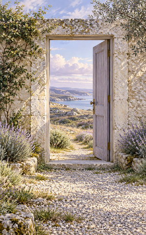 An open lavender-grey wooden door in a pale stone garden wall reveals a quiet coastal heath and blue inlet; gravel in the foreground keeps the viewer outside.